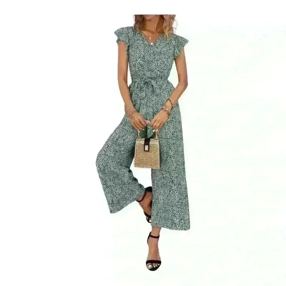 Brand New Green Butterfly Sleeve Belted Wide Leg Jumpsuit